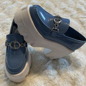 Razz Matazz Patent Leather Metal Decor Platform Block Heel Loafer Blue US W 6